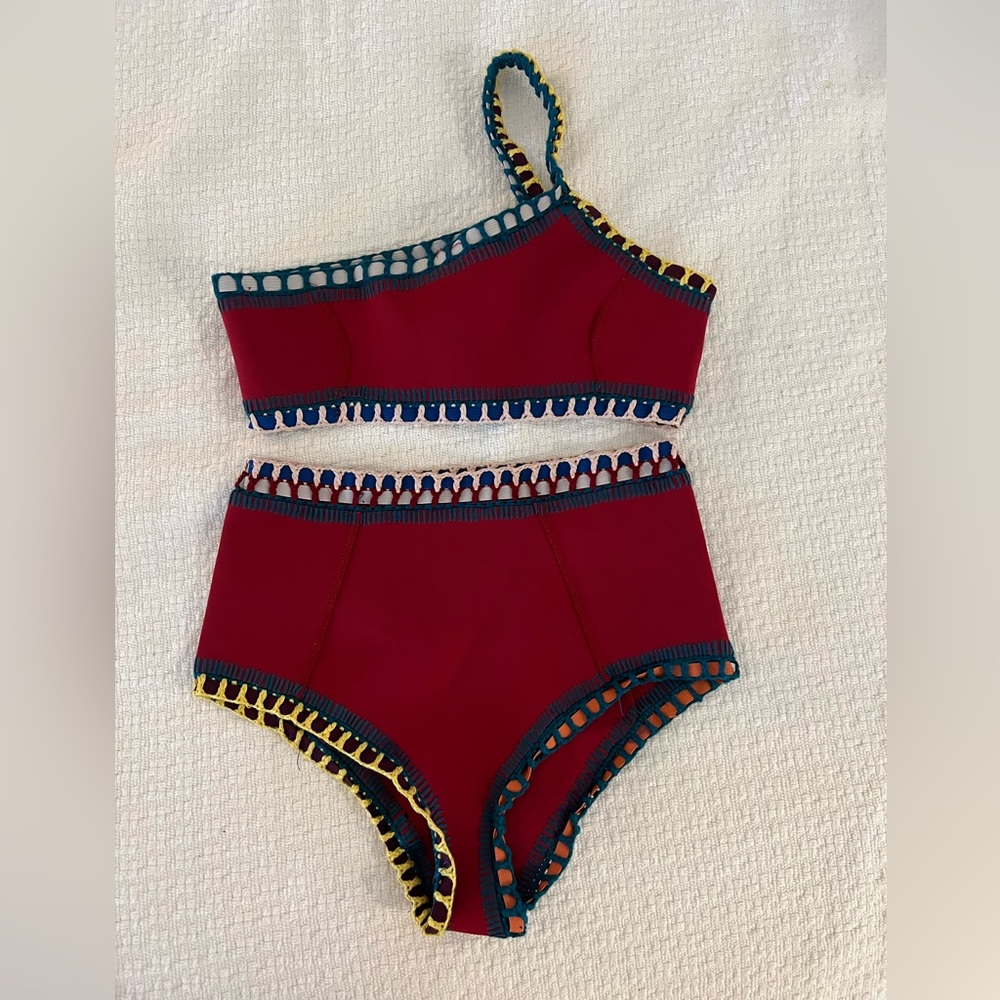 KIINI Burgundy One-Shoulder Crochet-Trim Bikini